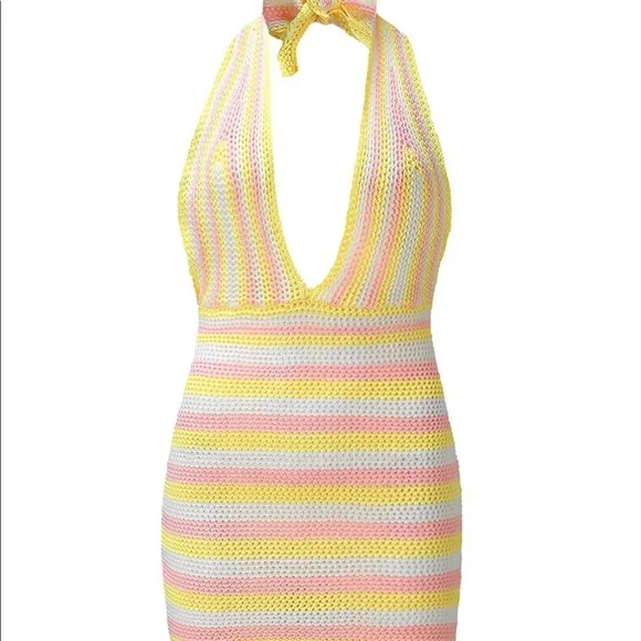 Dresses | Women Halter Neck Bodycon Crochet Knitted Dress Backless V Neck Mini  Dress | Poshmark